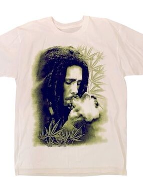 Bob Marley Ganja T Shirt Reggae Music White and Green Cotton Weed Festival Rasta